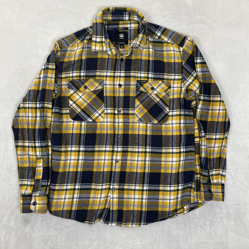 G-Star RAW Shirt Mens Large Yellow Plaid Flannel Long Sleeve Button Front Slim